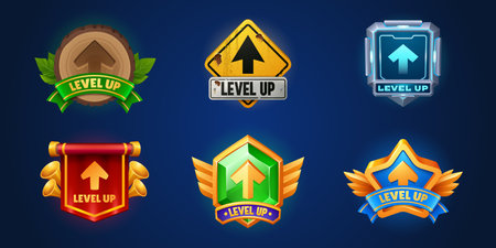 Level up ui badge icon vector reward button design. Award medal for casino bonus. Futuristic hud, grunge and royal achievement interface sign with arrow for app. Golden victory label illustrationのイラスト素材
