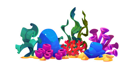 Set of colorful seaweeds for seabed design isolated on white background. Vector cartoon illustration of coral reef, exotic plants growing on sand, underwater flora species, aquarium design elementsのイラスト素材