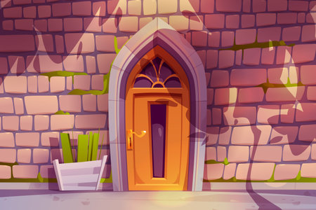 Old stone building wall with wooden door. Vector cartoon illustration of ancient house facade, plant shadows on brick front, gothic arch doorway decorated with glass windows, green grass in flower potのイラスト素材