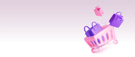 3D supermarket cart and shopping bags on blank banner background. Vector realistic illustration of...