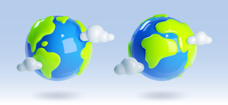 3d render earth planet object world vector icon. Green recycle environment sphere for school. Realistic minimal plastic globe symbol with cloud clipart set. Science or travel graphic illustrationのイラスト素材