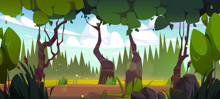 Cartoon forest tree ground landscape background. Green nature scenery for magic fairytale environment. Summer woods panorama with dirt road or meadow. Outdoor illustrated adventure mystic gardenのイラスト素材