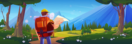 Man tourist with map on journey route to mountain vector illustration. Trekking travel through forest with flowers and hiker character enjoying location. Summer sightseeing for young travelerのイラスト素材