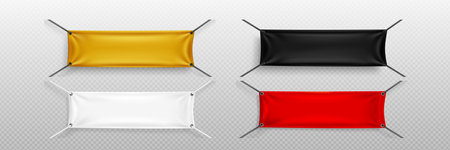 Realistic set of fabric banners hanging on ropes isolated on transparent background. Vector illustration of horizontal poster mockups in yellow, red, black, white colors, blank background for textのイラスト素材