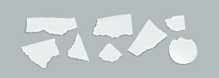 Realistic set of white paper pieces isolated on grey background. Vector illustration of abstract shape sheets with torn uneven edges, destroyed blank photo template, waste material for recyclingのイラスト素材