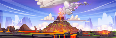 Volcano eruption landscape with active volcanic mountain with smoke and lightning from crater. Cartoon vector illustration of prehistoric landscape with rocky hill, flowing magma, steam and lava.のイラスト素材