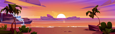 Summer sunset beach with palm tree and orange sky vector landscape. Tropical miami island nature evening illustration. Beautiful boulder rock waterfall on coast. Romantic thailand shore sceneのイラスト素材