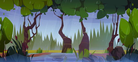 Rain in flooded forest with water puddles on ground. Vector cartoon illustration of summer woodland with old trees, green grass and wet flowers, gloomy cloudy sky, stormy weather, natural backgroundのイラスト素材