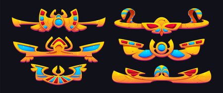 Egypt ui gold frame for ancient game vector set. Pharaoh treasure symbol design with scarab and ornament. Mythology divider icon kit with red and blue art. Abstract border asset for app interfaceのイラスト素材