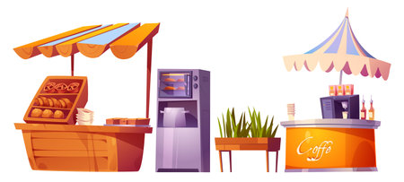 Street bakery and cafe stall set isolated on white background. Vector cartoon illustration of coffee machine under umbrella, fresh baked pastry on display, bread in oven, green grass in wooden boxのイラスト素材