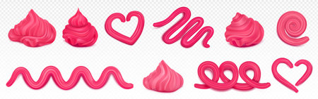 Pink whipped cream design elements for pastry isolated on transparent background. Vector realistic illustration of creamy decoration for dessert, abstract and heart shape swirl lines, topping for cakeのイラスト素材