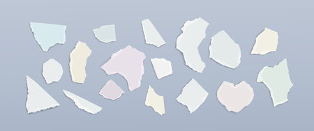 Rip newspaper piece for collage. Torn edge paper scrap. Tear blank note sticker isolated vector set. Grunge elongate patch collection. Variety oblong abstract shape patchwork strip in blue and yellowのイラスト素材