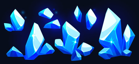 Blue crystal gem stone or diamond. Cartoon vector illustration of game ui assets jewel mineral resources for treasure or geology concept. Collection of gemstone chunk and precious or frozen rocks.のイラスト素材