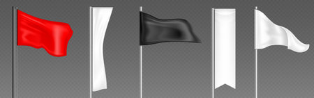 Silk flags on poles isolated on transparent background. Vector realistic illustration of red, white,...