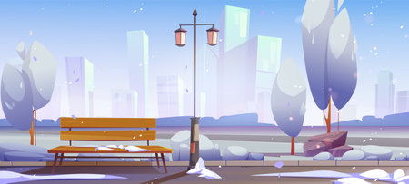 Winter city public park with snow covered ground and trees, bench and lantern against backdrop of high-rise buildings. Cartoon vector landscape of cold seasonal town street garden for outdoor relax.のイラスト素材