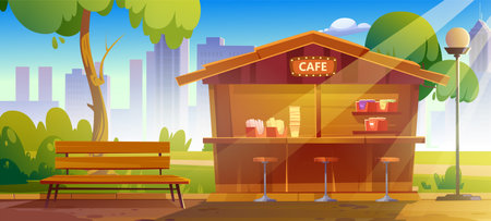 Fast food cafe in city public park. Cartoon vector landscape of garden with green trees, bench and kiosk with snacks and chairs on background of multistory buildings. Summer or spring street scene.のイラスト素材