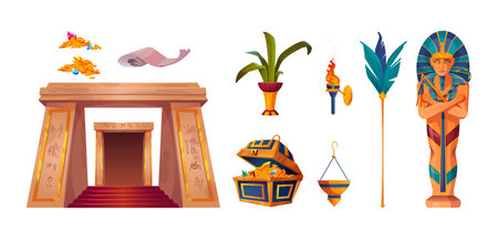 Ancient egypt pharaoh god temple vector game set. Old egyptian history interior element design. Cartoon antique sarcophagus, entrance, treasure and tomb item. Fantasy great historical museum iconのイラスト素材