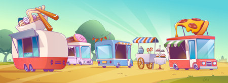 Street food festival with truck shops in summer park. Contemporary vector illustration of vans selling pizza, asian noodles, sweets and donuts, trade fair in public garden with green lawn, sunny skyのイラスト素材