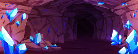 Dark cave with blue gemstones on walls. Vector cartoon illustration of underground mine tunnel with sparkling diamond stones, rocky mineral stalactites in dungeon, treasure search game backgroundのイラスト素材