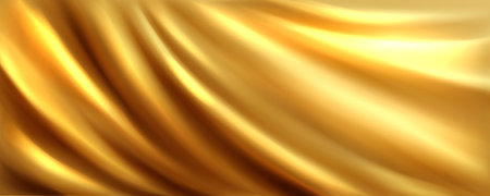 Gold silk satin fabric liquid texture background. Abstract wave shiny luxury cloth material with drapery for curtain decoration. Shine wavy yellow pattern backdrop. Fashion drape elegance surfaceのイラスト素材