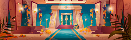 Egyptian pharaoh tomb with standing sarcophagus, hieroglyphics and wealth. Cartoon vector illustration of Egypt pyramid interior with mummy, pile of golden coins and treasure, ancient signs.のイラスト素材