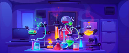 Night chemistry laboratory with experiment equipment cartoon background. Science research lab in school with microscope and beaker for physics education and analysis. Liquid potion glow with steamのイラスト素材