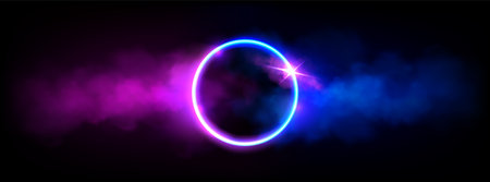 Neon luminous ring frame with cloud or smoke and twinkle. Realistic vector of led light circle with glowing pink and blue fog effect on dark background. Magic or futuristic game portal with haze.のイラスト素材