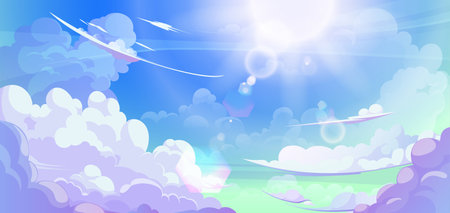Anime cloud in blue heaven sky vector background. Summer abstract cloudy air design with gradient and sun light with reflection. Beautiful calm morning game outdoor panorama with sunshine painting.のイラスト素材