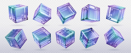 Set of holographic 3D glass cubes isolated on transparent background. Vector realistic illustration of crystal blocks angle and side view, square ice pieces with iridescent surface, decor elementのイラスト素材