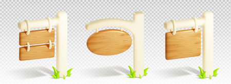 3d wood travel road signboard isolated vector. Wooden signpost with white pillar, timber plank and rope, for village location or highway illustration. Destination guide on pole object collectionのイラスト素材