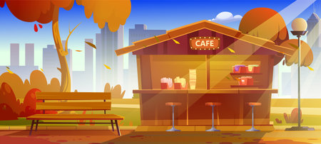 Coffee shop in autumn city park. Vector cartoon illustration of public garden with small outdoor cafe, wooden bench and street lantern, yellow foliage on trees and bushes, cityscape buildings viewのイラスト素材