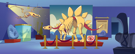 Museum exhibit with stegosaurus dinosaur fossil. Pterodactyl animal skeleton and ancient dino footprint exposition on pedestal in paleontology jurassic display hall. Room with archeology artefactのイラスト素材
