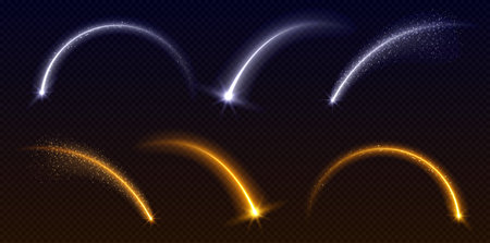 Star shooting arc light with magic beam sparkle. Neon curve arch line with glitter shine. Glowing celebration overlay element. Transparent swirl set with dust splatter tail in gold and blue.のイラスト素材