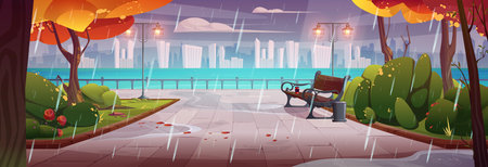 Rain on autumn city promenade with bench in riverside park. Vector cartoon illustration of gloomy public garden with yellow foliage on trees, puddles on road, modern cityscape on horizon, cloudy skyのイラスト素材