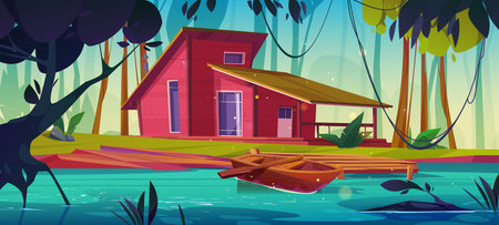 House in forest near lake cartoon background illustration. Summer cabin exterior near river. Rural shack construction near wooden dock in jungle. Small cottage on riverside for adventure pictureのイラスト素材