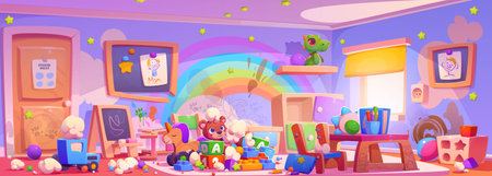 Messy kindergarten room interior - untidy dirty children room with broken furniture and toys, stains and drawings on walls, and scattered garbage. Cartoon vector of chaos in kid playschool house.のイラスト素材