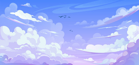 Anime style sky background with clouds. Vector cartoon illustration of beautiful heavenly cloudscape in pink, light blue gradient colors, birds flying high, cloudy summer day, sunrise or sunset designのイラスト素材