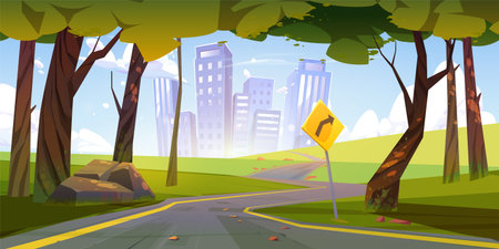 Road to city building cartoon vector game background. Cityscape street sunny landscape scene with sky and skyscraper house view. Highway to modern town through summer nature design illustrationのイラスト素材