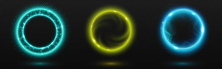 Magic light circle portal with neon effect. Realistic vector illustration set of glowing energy rings for movement in time and space. Fantastic electric shining round frame on transparent background.のイラスト素材
