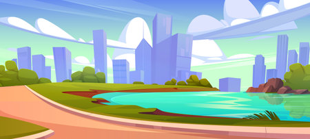 Summer city public park with lake or river, walk road, green trees and bushes against backdrop of high-rise buildings. Cartoon vector landscape of town street garden with woods, walkway and water pondのイラスト素材