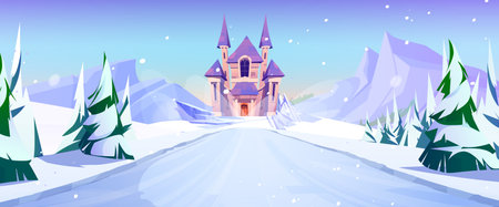 Winter frozen road to magic castle background. Fairy tale kingdom palace for princess in pine forest with falling snow. Nature fairytale landscape with medieval fortress architecture and pathwayのイラスト素材