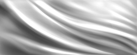 Silver silk fabric background with liquid ripples effect. Realistic vector illustration of gray satin cloth texture with waves and folds. Luxury grey smooth and soft drapery material surface.のイラスト素材