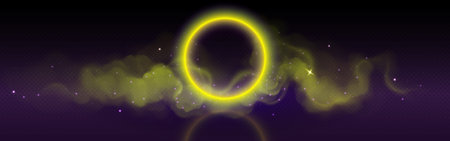 Yellow neon circle with cloud smoke and flare glow. 3d realistic abstract led ring with sparkle and purple soft fog trail. Mystery panorama with gold circular glowing bright laser lens and steamのイラスト素材