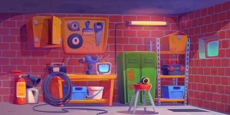 Inside garage workshop interior cartoon vector illustration. Brick wall in house building storeroom with window and maintenance equipment. Metal rack for box near locker and board scene with nobodyのイラスト素材