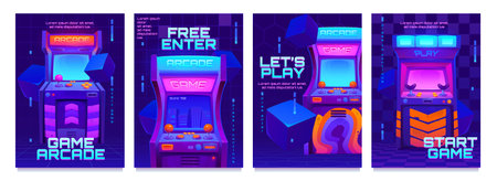 Retro arcade video game screen machine background. Vintage 80s computer console poster with joystick button template. Gamer interface with text element flyer design set. Isolated graphic illustrationのイラスト素材