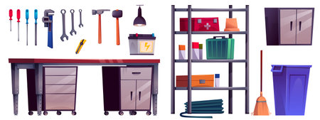 Garage workshop room cartoon interior vector set. Carpentry tool and equipment for diy craft inside house basement. 2d toolbox inventory on shelves. Metal table, hammer and cellar furniture collectionのイラスト素材