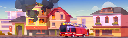 Fire truck arrives to put out burning building in city. Cartoon vector illustration of town...