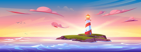 Summer sunset or sunrise cartoon landscape with lighthouse on rocky coast of island in ocean or sea, yellow and pink gradient sky. Vector panoramic illustration with light beacon tower on cliff.のイラスト素材