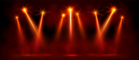 Red bright spotlight on stage with glowing effect. Realistic vector of concert or show projector lights with smoke on black background - lamp beams and rays on entertainment, club or festival.のイラスト素材