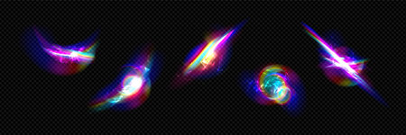 Rainbow light flare effect and crystal prism overlay vector. Diamond sparkle and shine iridescent glare. Abstract magic transparent lens refraction texture design. Caustic glamour jewelry reflectionのイラスト素材